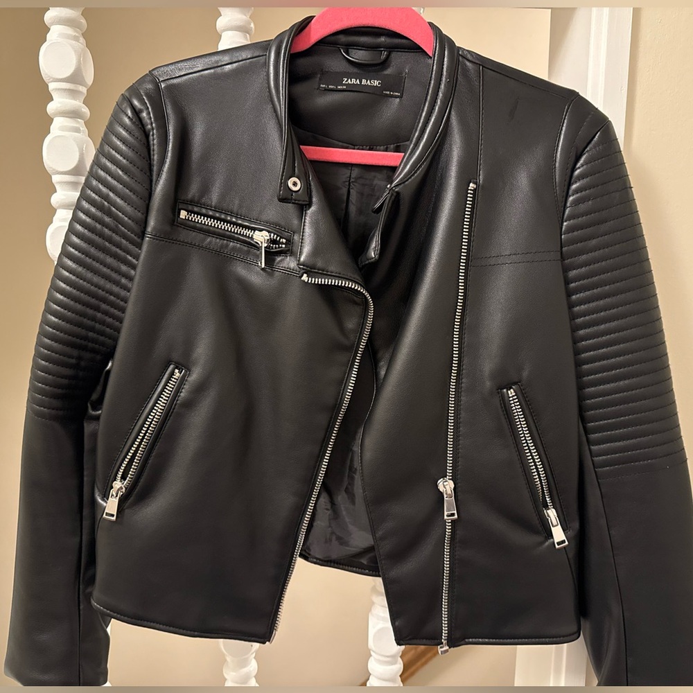 Zara Basic Black Leather Biker Jacket - image 1